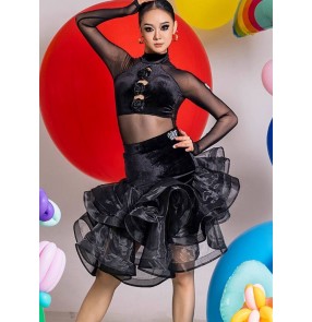 Black velvet ruffles latin dance dresses for women girls salsa rumba chacha ballroom performance costumes for female